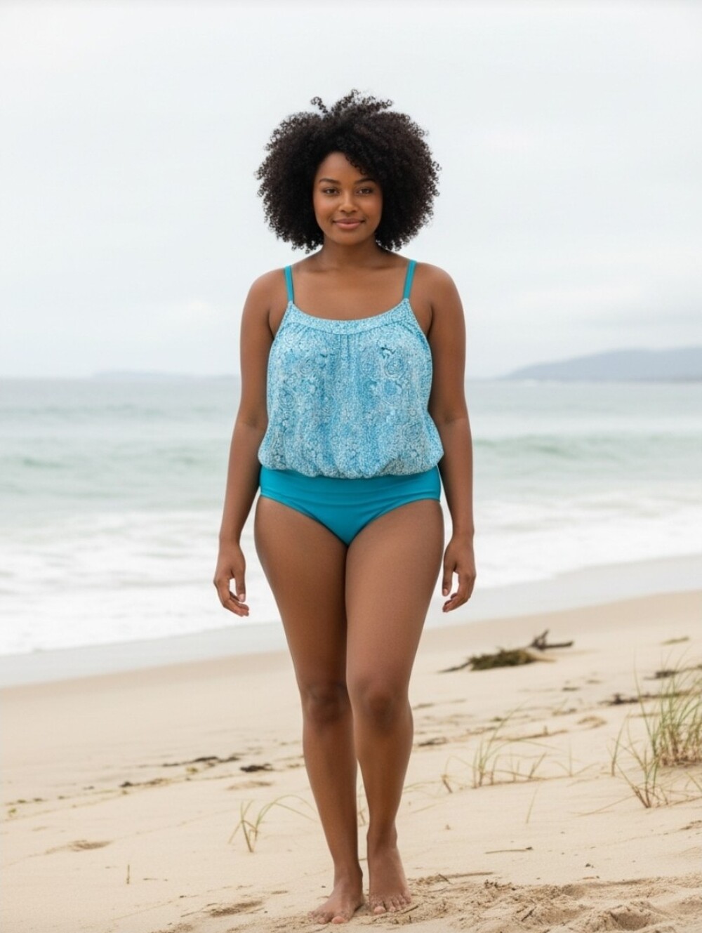 Lands End Teal Paisley Patterned Blouson Top One Piece Swimsuit Sz 16 Long